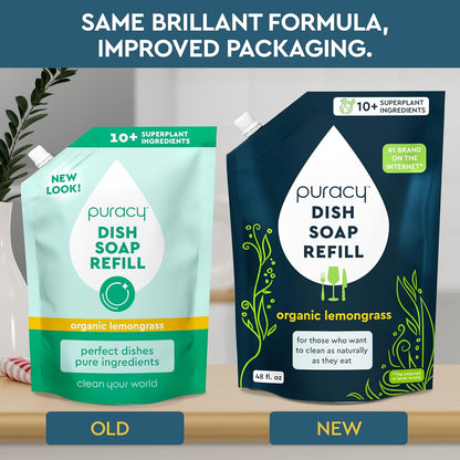 Puracy Natural Dish Soap Refill - Skin-Softening Plant-Based Liquid Dishwashing Detergent Soap, Clean-Rinsing Water-Sheeting Formula (Organic Lemongrass, 48 fl oz)