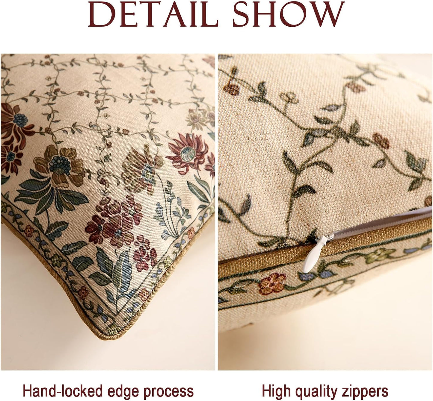 patdrea Designer Throw Pillow Covers Set of 4,Euro Vintage Light Brown Linen with Floral Collection Pattern Pillow Cover,Decorative Square Lumbar Round Pillowcases Cushion for Bed Living Room Car