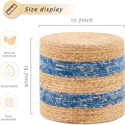 Handwoven Ottoman Pouf, Natural Water Hyacinth Footstool, Round Braided Outdoor Seat with Sturdy Frame, Boho Accent Stool for Patio, Balcony, or Garden (Blue)