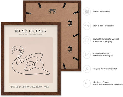 Poster Master Vintage Poster - Retro One Line Swan Drawing Print - Swan Art - Bird Art - Minimal Gift for Her, Animal Lover - Abstract Decor for Home, Office, Bedroom, 16x20 Brown Framed