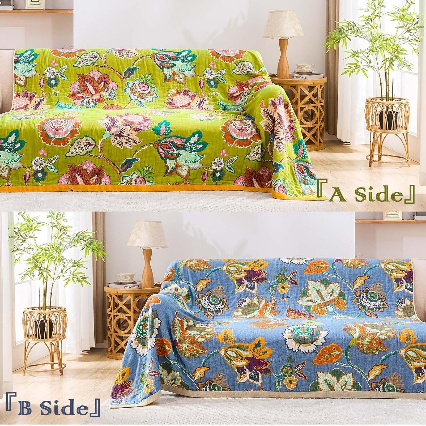 Fall Throw Blanket, 100% Cotton Soft Rustic Boho Throw Blanket for Bed, 50"x60" Farmhouse Decor Bed Flower Blankets, Light Weight Reversible Bohemian Throw Quilt