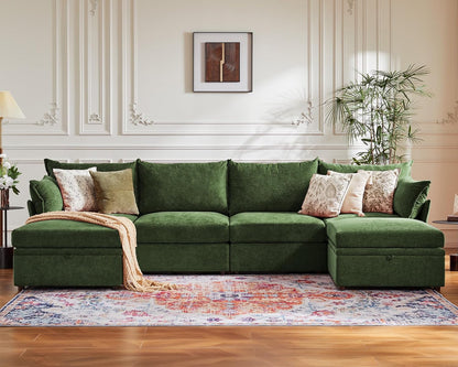 134.6" Oversized Modular Sectional Sofa, 6 Seater U Shaped Couch with Storage Ottoman with Reversible Chaise Deep Seat for Living Room, Apartment - Chenille Green