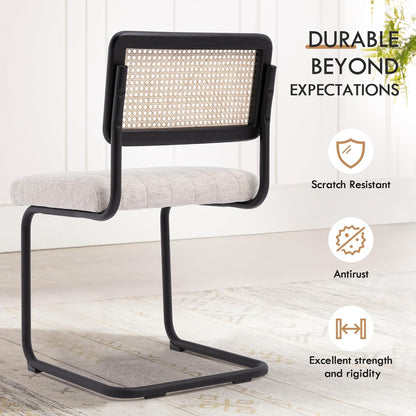 Natural Rattan Dining Chairs Set of 2, Modern Kitchen Chairs with Solid Wood Back, Upholstered Cesca Side Chairs with Comfy Linen Cushion