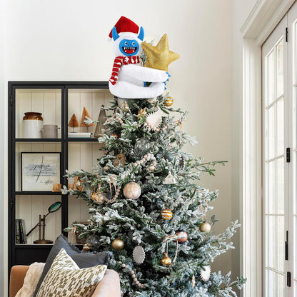 Bigfoot Snowman Christmas Tree Topper Decorations with Glitter Star Xmas Ornaments Home Decor 3D Wreath Attachment Winter Holiday Festive Gift Fits for Small 3-4ft Tree Fabric