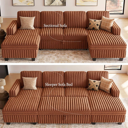 Belffin Modular Sectional Sleeper Sofa with Pull Out Couch Bed Corduroy Double Chaise with Storage Brick Red Couch
