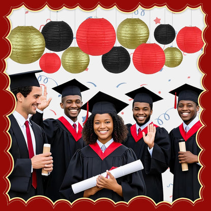 12Pcs Round Paper Lanterns Assorted Sizes (6" 8" 10" 12") for Home Decor, Wedding, Birthday, Hibachi Party, Casino Theme Party Decorations, Hanging Chinese Japanese Paper Lamps (Black Red Gold)