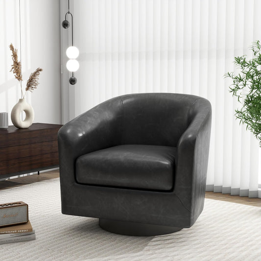 Swivel Barrel Accent Chair, Modern Round Faux Leather Arm Chair for Living Room, Bedroom, Comfy