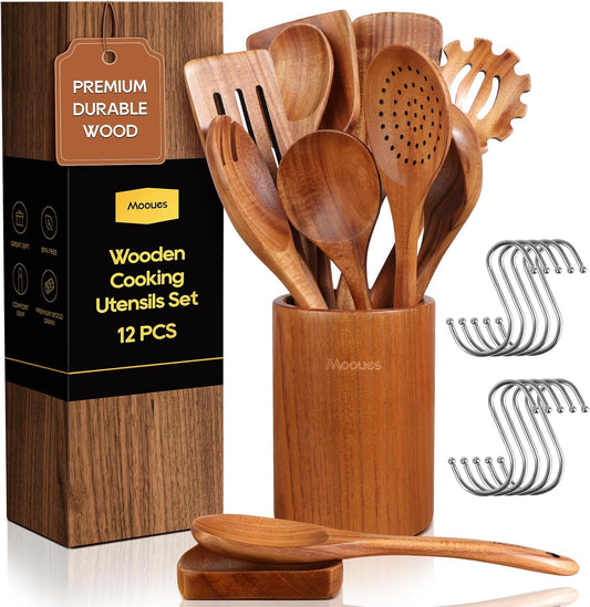 Wooden Spoons for Cooking, 12PCS Teak Wooden Kitchen Utensil Set with Spoon Rest - Smooth Finish