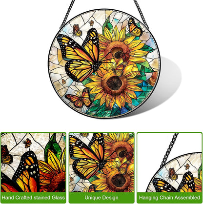 Stained Glass Window Hanging – Double-Sided Glass Sun Catcher with Chain – Memorial Window Art Panel for Home Décor, Spiritual Comfort, and All-Occasion Gifting