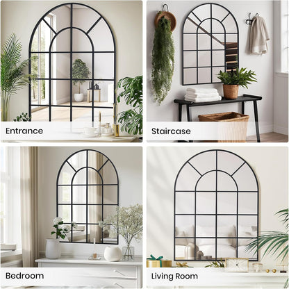 Arched Windowpane Wall Mirror 30"x40" Black Wall Mounted Art Pane Mirror Farmhouse Decorative Mirror Leaning Hanging Wall Mirror for Bedroom Living Room Entrance Hallway Wall Decor