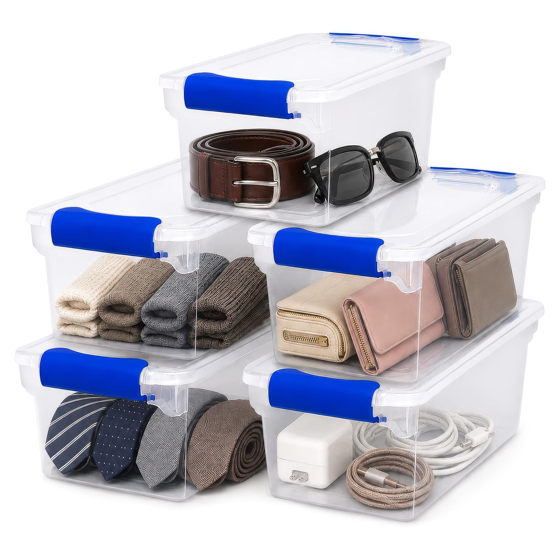 HOMZ Clear Plastic Storage Bins w/Latching Lid, 7.5 Qt, Blue, 5 Pack