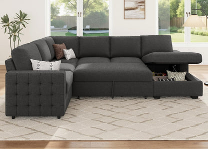 HONBAY Sectional Couch with Pull Out Bed, U-Shaped Sectional Sleeper Sofa with Storage, 6 Seater Sectional Sofa Bed, Mid-Grey