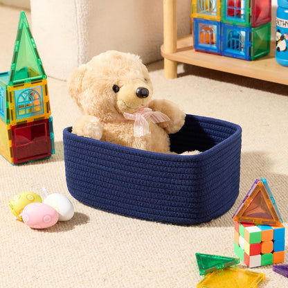 Small Storage Baskets for Organizing | Closet Organizer Bins | Shelf Toy Basket | Woven Rope Baskets | Cube Decorative Box | Shallow Basket | 11.5x7.5x4.7” | 3 Packs Navy Blue