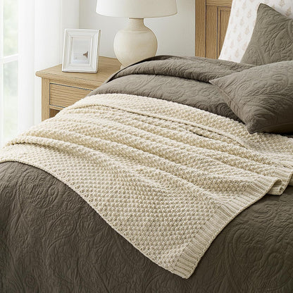 Chunky Chenille Knit Throw Blanket for Couch, Soft Luxurious Moss Stitch Blankets for Bed, Cozy Decorative Farmhouse Knitted Throws for Sofa, Beige, 50" x 60"