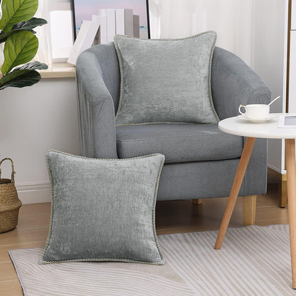 decorUhome Chenille Soft Throw Pillow Covers 24x24 Set of 2, Farmhouse Velvet Neutral Decorative Euro Pillow Covers with Stitched Edge for Couch Sofa Bed Home Decor, Neutral Gray