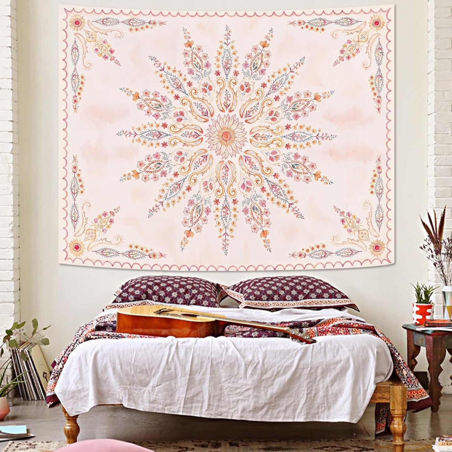 Fowocu Boho Floral Mandala Tapestry for Bedroom Aesthetic Pink Bohemian Flower Wall Tapestry Watercolor Hippie Indian Small Tapestries Wall Hanging for Living Room Dorm Decor 48 x 36 Inch
