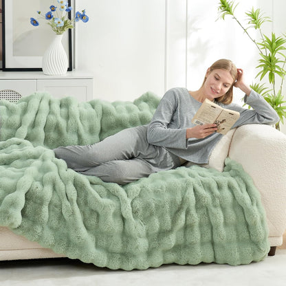 Cozy Bliss Faux Fur Throw Blanket for Couch, Fuzzy Soft Plush Thick Bubble Blanket for Sofa Bedroom Living Room, 108 * 90 Inches Sage Green