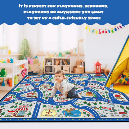 Kids Carpet Playmat Rug Player Car Rug,City Life Traffic Road Map Mat Educational Game Area Rug for Toddler Children Playroom Classroom Bedroom (Blue,6 x 9 ft)