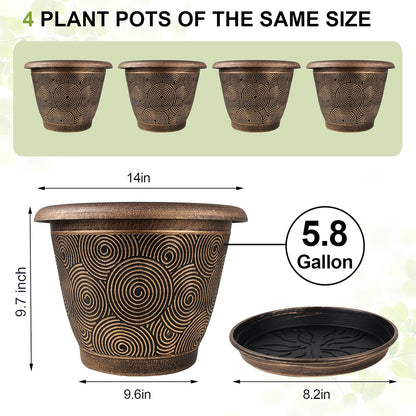 14 Inch Large Planter Pot for Plants Indoor Outdoor, 4 Pack Plastic Flower Pots with Drainage Hole & Tray, Modern Decorative Garden Pot with Saucer, Plant Container for House