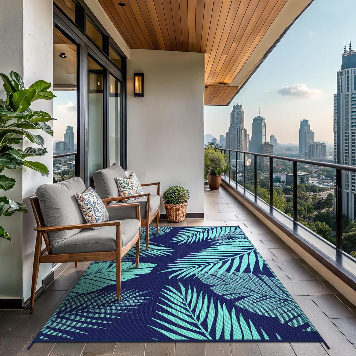 GENIMO Outdoor Rug 8' x 10' Waterproof for Patios Clearance, Reversible Outdoor Plastic Straw Camping Rug Carpet, Large Area Rugs Mats for RV, Camper, Deck, Balcony, Porch, Beach, Navy Blue&Jade Green