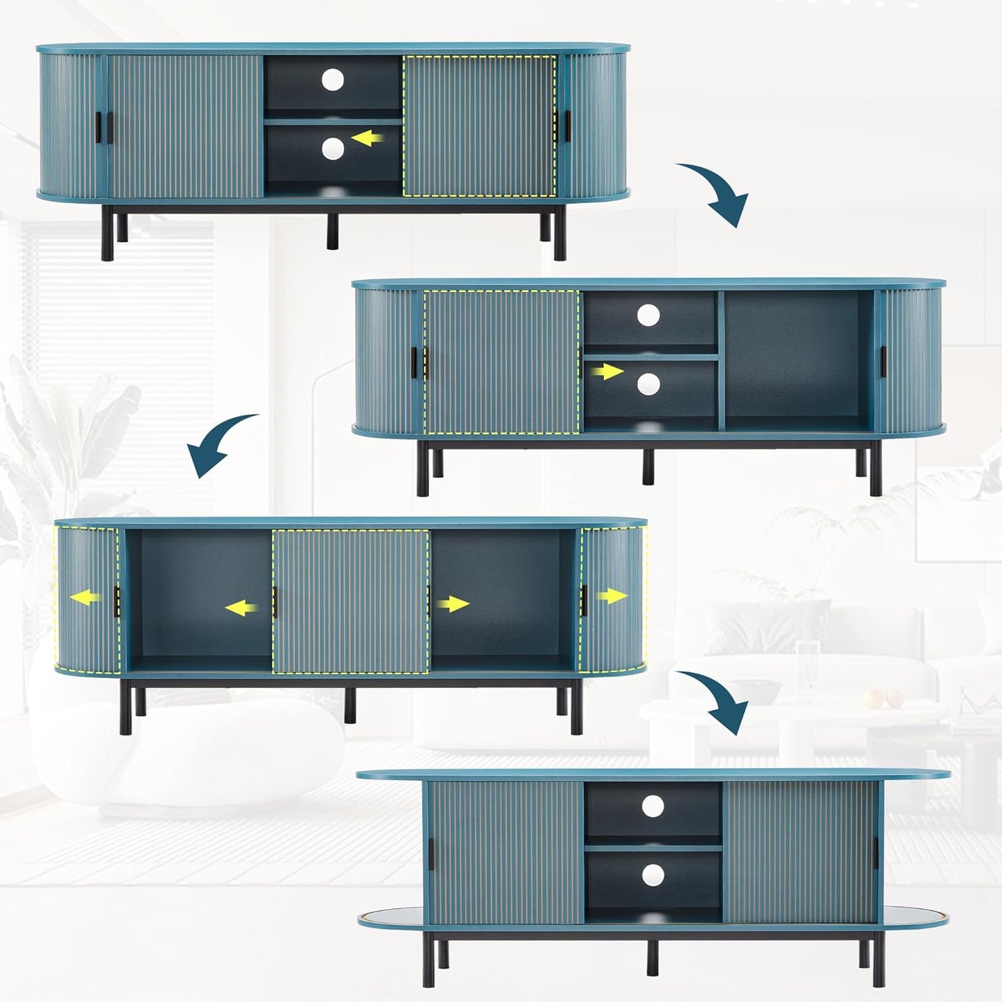 62" Tambour Door TV Stand,Wood Mid Century Modern TV Cabinet for Up to 75“ TV,Curved Edge Long TV Stand with Storage for Bedroom Living Room(62.2inch,Blue)