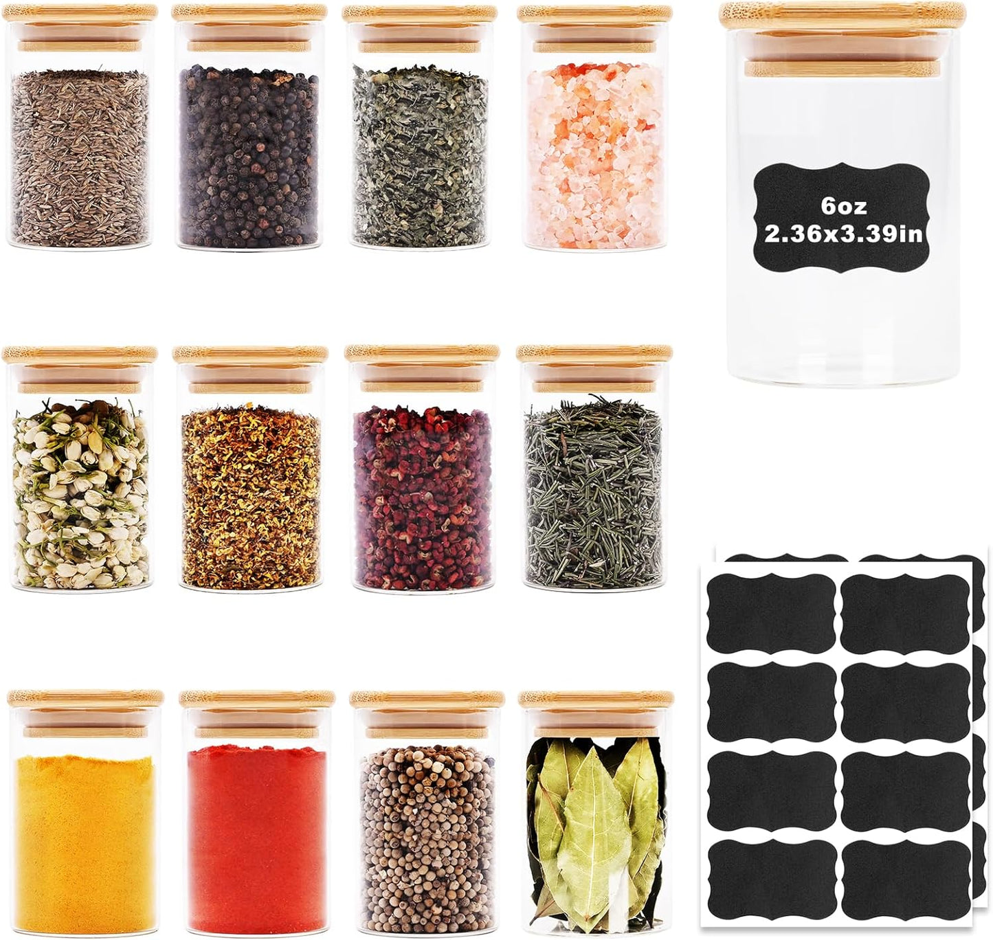 6oz Glass Food Storage Jars, Glass Jars with Bamboo Lids, Kitchen Storage Jars, Set of 12, Canisters with Airtight Lids for Spice, Coffee, Cookie, Pantry Organizers
