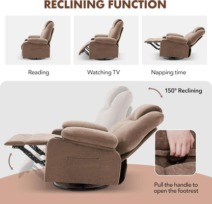Swivel Rocker Recliner Chair with Heat and Massage, 360 Degree Swivel Rocking Single Sofa with Cup Holders and USB Port, Big Oversized Recliner Chair for Living Room (Fabric, Brown)