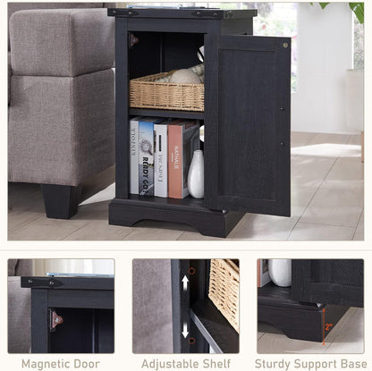 JXQTLINGMU Farmhouse Nightstand Set of 2 with Charging Station, 17" D Rectangular End Table with Barn Door & Adjustable Storage Shelf, Wood Rustic Sofa Side Table for Living Room, Bedroom, Black