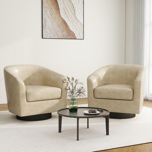 Swivel Barrel Accent Chair, Modern Round Faux Leather Arm Chair for Living Room, Bedroom, Comfy