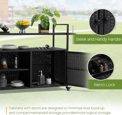 Wicker Outdoor Bar Cart - Black Patio Console Storage Table Buffet Cabinet Serving Kitchen Cart with Wheels for Outside Backyard