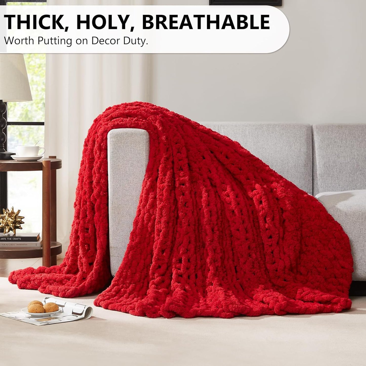 L'AGRATY Chunky Knit Blanket Throw: 80''x90'' Chenille Chunky Knitted Throw Blanket for Bed Couch - Handmade Thick Big Cable Knit Blanket - Large Chunky Crochet Rope Blanket for Home Decor(Red)