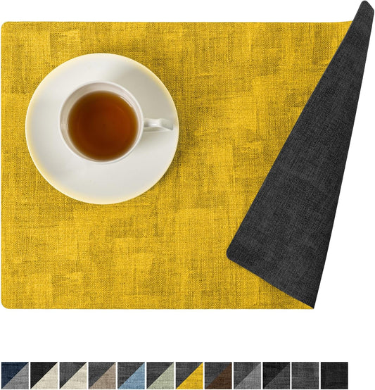 Romanstile Reversible Vinyl Placemats Set of 8, Faux Leather 100% Waterproof Oil-Proof Wipeable Place Mats, Heat Resistant Dual Sided Table Mats for Kitchen/Dining/Party (Grey Yellow, 12 x 17 Inch)