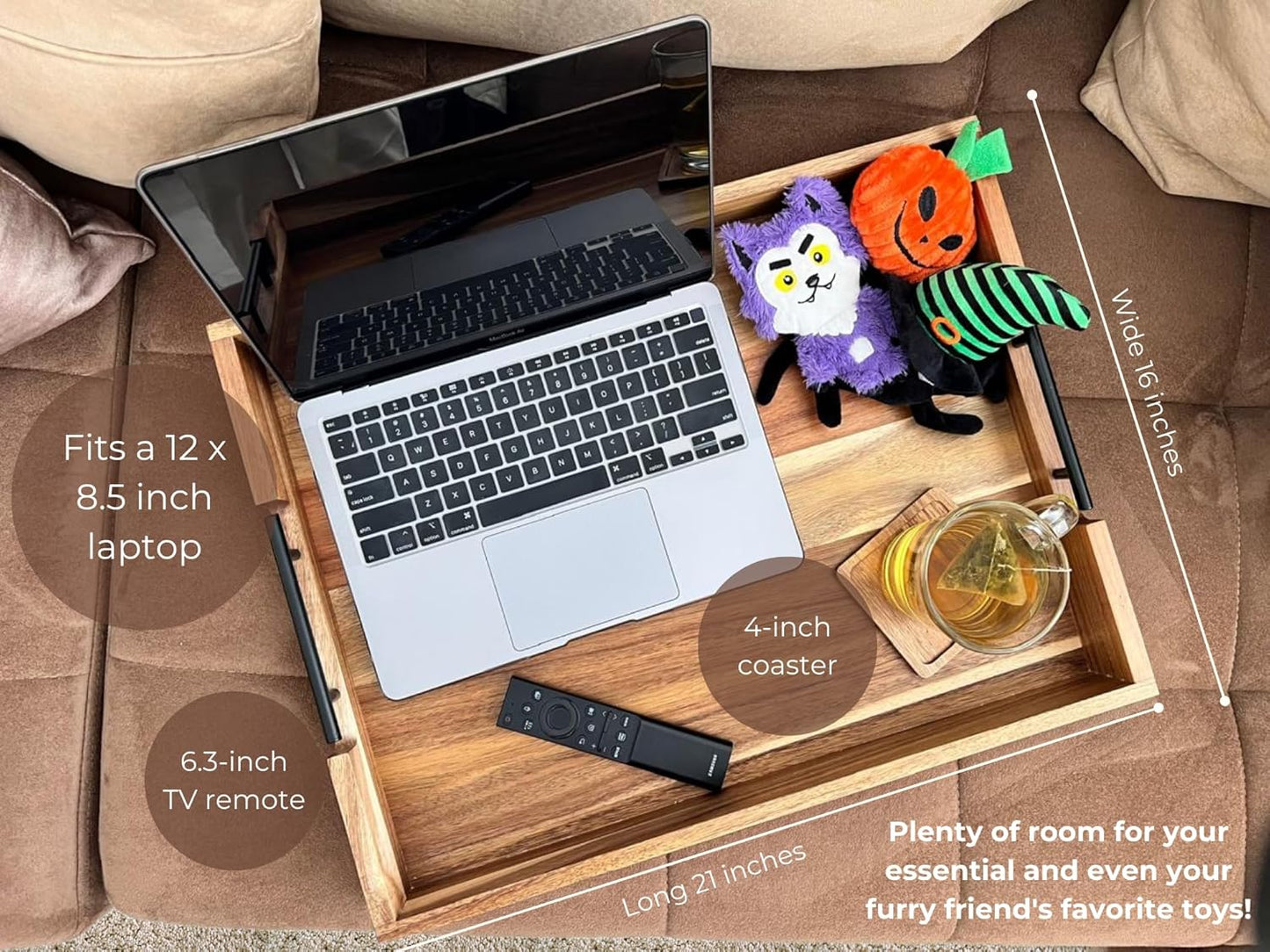 Acacia Wooden Ottoman Tray for Living Room – 21" Large Coffee Table Serving Tray with Handles & 6 Coasters Set, Perfect for Food, Drinks, Kitchen, and Home Decor