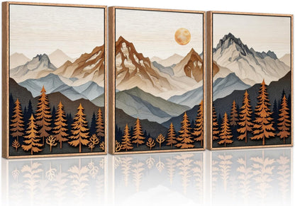 HLNIUC Large Boho Mountain Framed Canvas Wall Art Set,Woodcut Style Mountain Wall Decor,Vintage Forest Pine tree Art Prints,Nature Sunrise Landscape Wall Painting for Living Room,Bedroom - 16”x24”x3