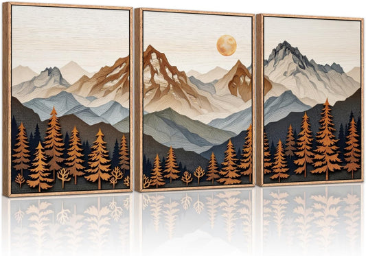 HLNIUC Large Boho Mountain Framed Canvas Wall Art Set,Woodcut Style Mountain Wall Decor,Vintage Forest Pine tree Art Prints,Nature Sunrise Landscape Wall Painting for Living Room,Bedroom - 16”x24”x3