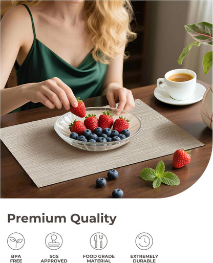 Leetaltree Beige White Placemats Set of 6 - Heat Resistant Non-Slip Place mats for Dining Table, Washable Durable PVC Vinyl Woven Table Mats（Beige White, 6）