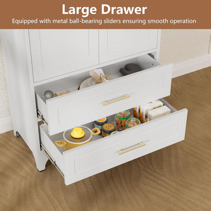 Kitchen Pantry Cabinet, 75" Tall Metal Pantry Cabinet with Two Drawers, Food Cupboards with Doors and Shelves, Freestanding Storage Cabinets for Dining, Living Room, White, Assemble Required