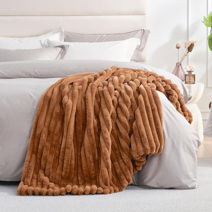 Amélie Home Faux Fur Throw Blanket for Couch, Cozy Fuzzy Fluffy Fur Luxurious Soft Striped Plush Gift Blankets for Family Sofa Chair Bed Living Room Bedroom, 55"x70", Brown