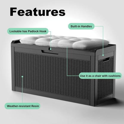 60 Gallon Resin Deck Box, Lockable Outdoor Storage Box for Patio Cushions Storage Furniture,Garden Tools, Pool Supplies, Weatherproof and UV Resistant（Black Rattan）