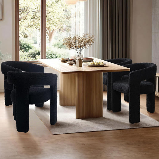 Black Sherpa Dining Chairs Set of 4, Modern Barrel Dining Room Chairs Upholstered Faux Fur Accent Chair with Arms and Round Back for Living Room Kitchen Armchair No Assembly Needed