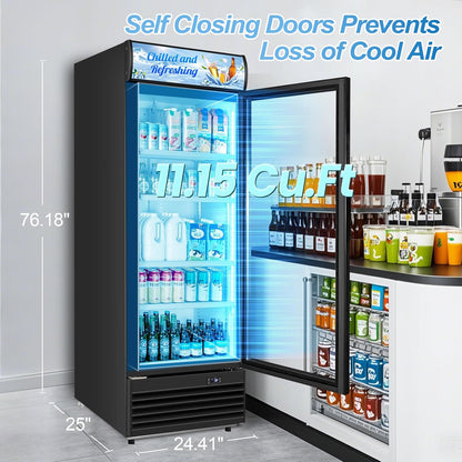 Tylza Commercial Refrigerator with Glass Door Display Beverage Fridge, 11.15 Cu Ft Upright Beverage Cooler Merchandiser with Replaceable Advertising Light Board, Rebound Door, Fast Cooling, Black