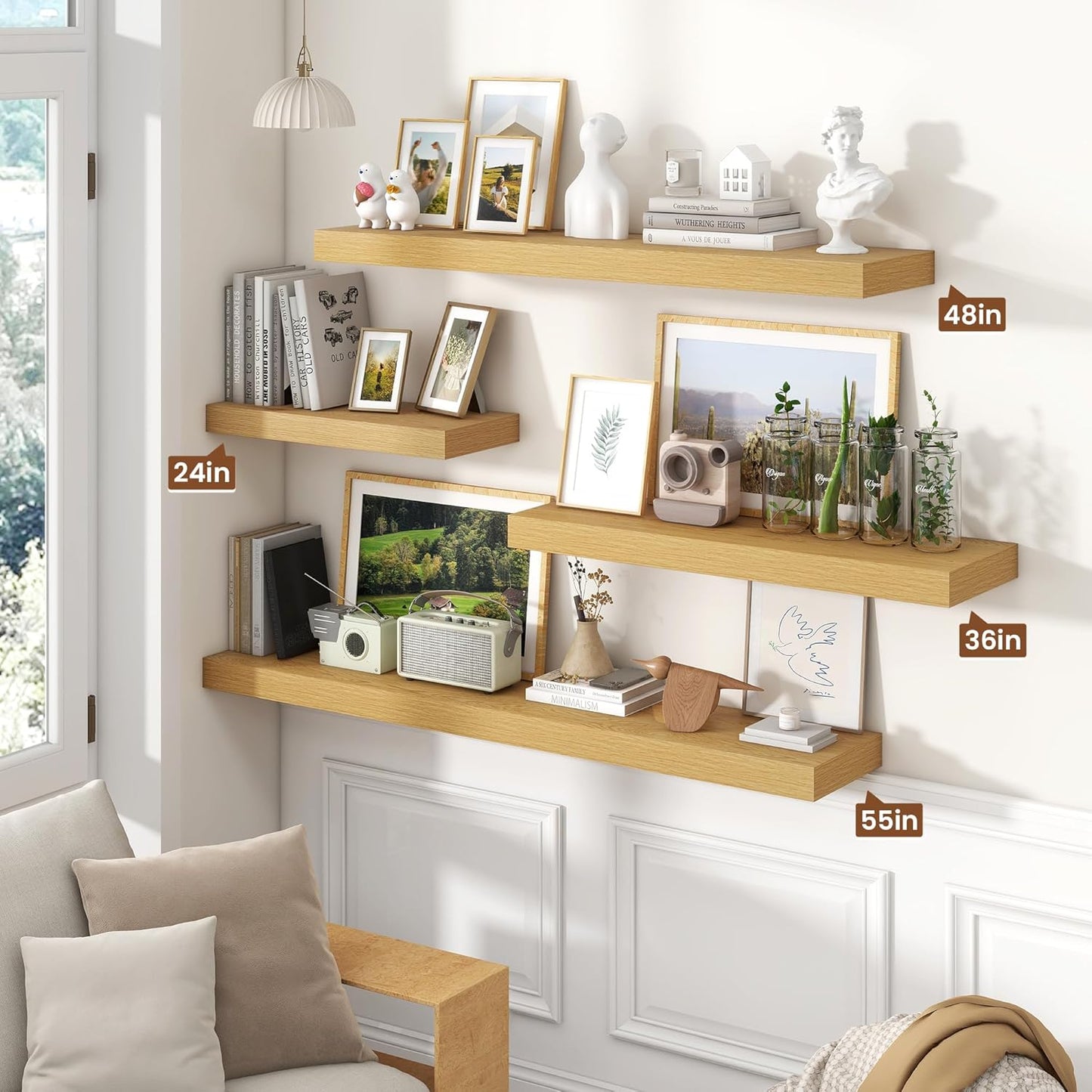 Heimlove 36 Inch Floating Shelves for Wall,10 Inch Deep Wood Shelves with Invisible Brackets,Wall Mounted Storage & Display Shelves for Bedroom,Living Room,Kitchen,Office,Oak Color