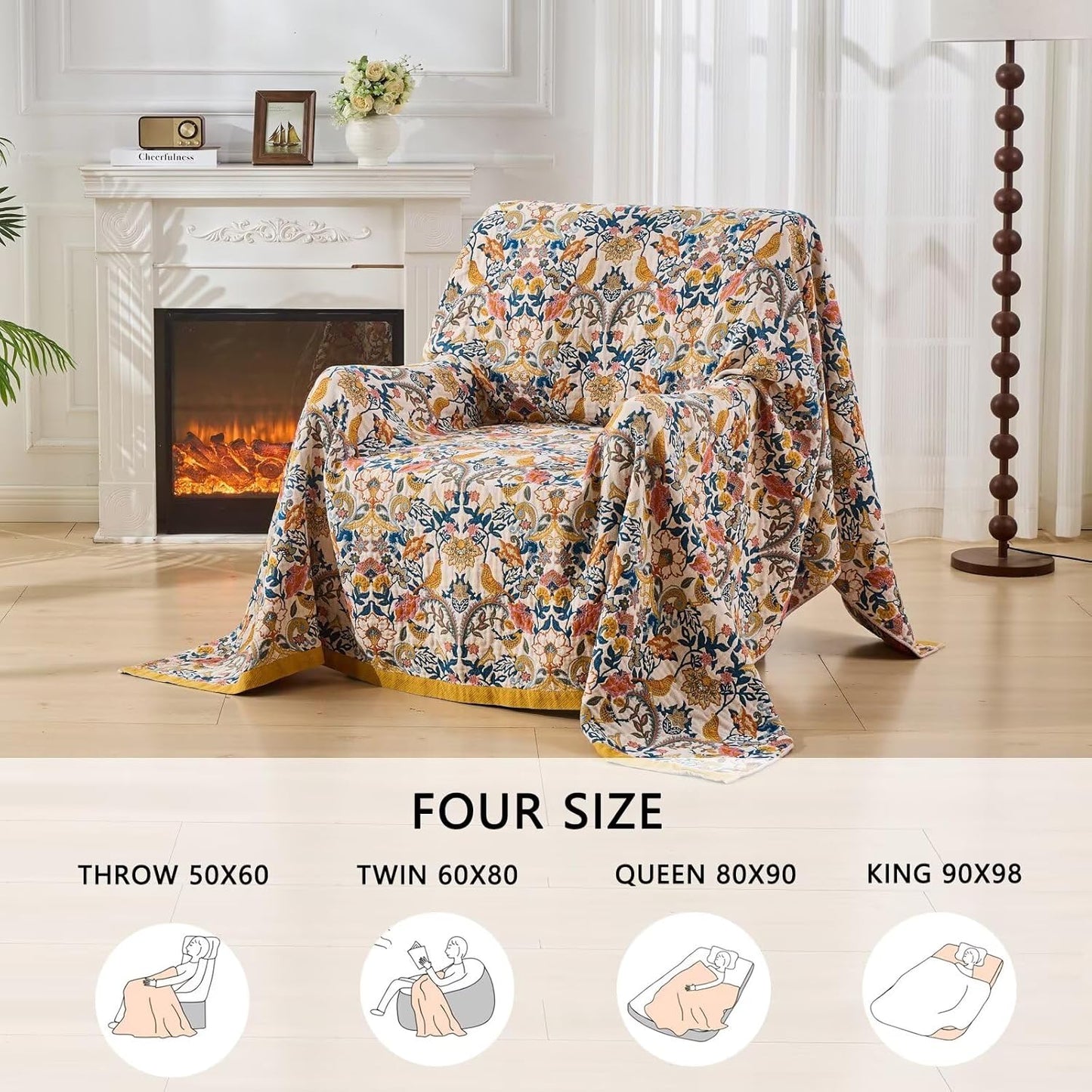 Boho Throw Blanket Reversible Cotton Bohemian Tapestry,100% Cotton Throw Blanket for Couch,Sofa,Chair,Lightweight Summer Quilt Soft 4-Layer Muslin Blanket for Farmhouse,Picnic Decor 50"x60"