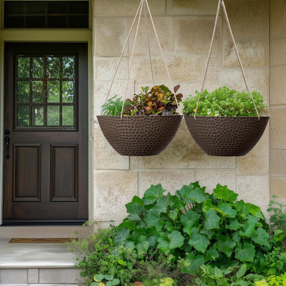 LA JOLIE MUSE Hanging Planters for Outdoor Plants, Large Outdoor Hanging Planters with Drain Holes Ash Brown, Honeycomb (13.2 Inch, Set of 2)