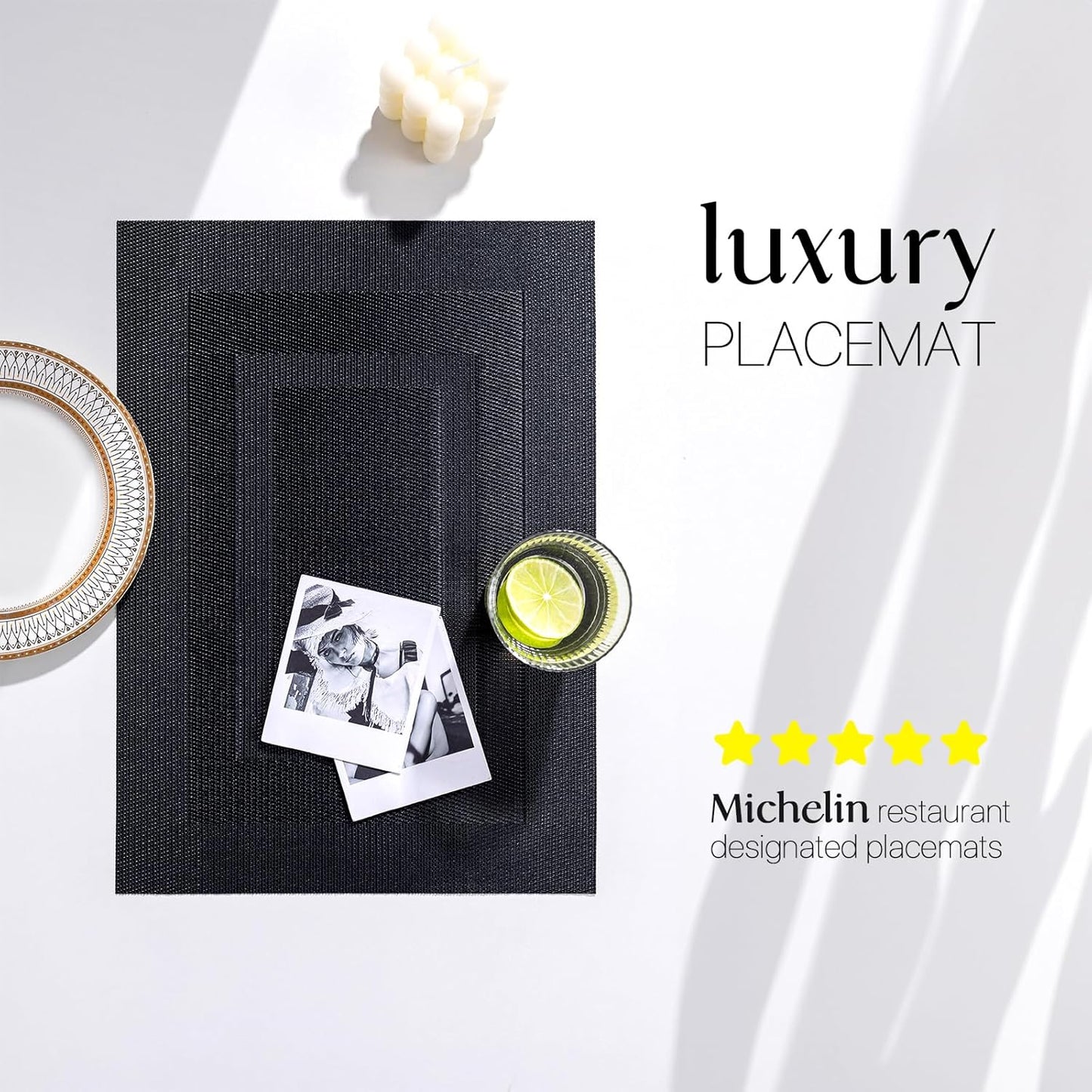 LEXMORE Placemats Set of 4 Vinyl/Plastic Woven Place Mats for Kitchen Table Indoor/Outdoor Washable Placemat Wipeable Dining Table Mats(Black Cube)