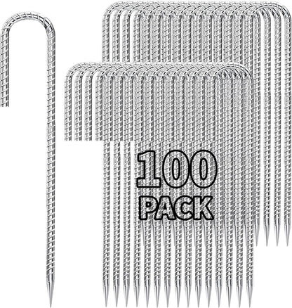 12 inch Stakes Heavy Duty 100-Pack J Hook Metal Fence Stake for Dogs Digging Tent and Outdoor Decorations Inflatables Rebar Metal Spikes for Ground