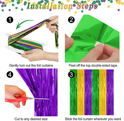 2 Pack Mardi Gras Tinsel Backdrop, 3.28 FT x 7.05 FT Metallic Fringe Curtain, Purple Gold Green Color Foil Backdrop Party Streamer, Mardi Gras Photo Booth Props Lobster Party Decorations