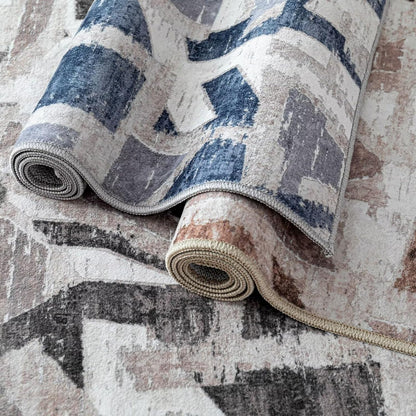 Modern Abstract 8X10 Area Rug for Living Room Bedroom Washable, with Non-Slip Rubber Backing Print Faux Wool Thin, Grey Throw Large Carpet for Kids Playroom Dining Room Pet & Child Friendly