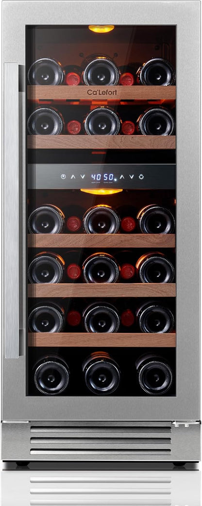 Ca'Lefort 15 Inch Wine Fridge, 28 Bottle Wine Cooler Refrigerator, 40-65°F Wine Refrigerator Glass Door, 3 LED Dual Zone Wine Fridge, Built-in or Freestanding Fridge for Home/Bar/Kitchen (3.0 cu.ft)