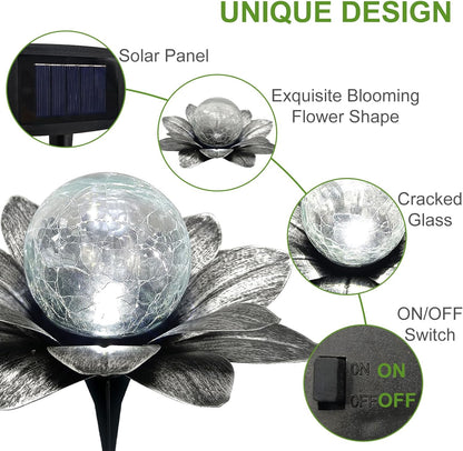 LEWIS&WAYNE Solar Garden Lights Outdoor, 3 Pcs Silver Gray Lotus Flower Pathway Lamps with Cool White Crackle Glass Globe Led Lights for Patio Pathway Yard Balcony Garden Decorations
